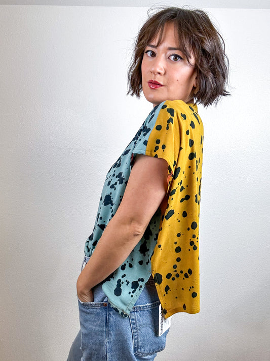 Hand-Dyed Flip Crop Rayon Mustard Aqua Black Speckle