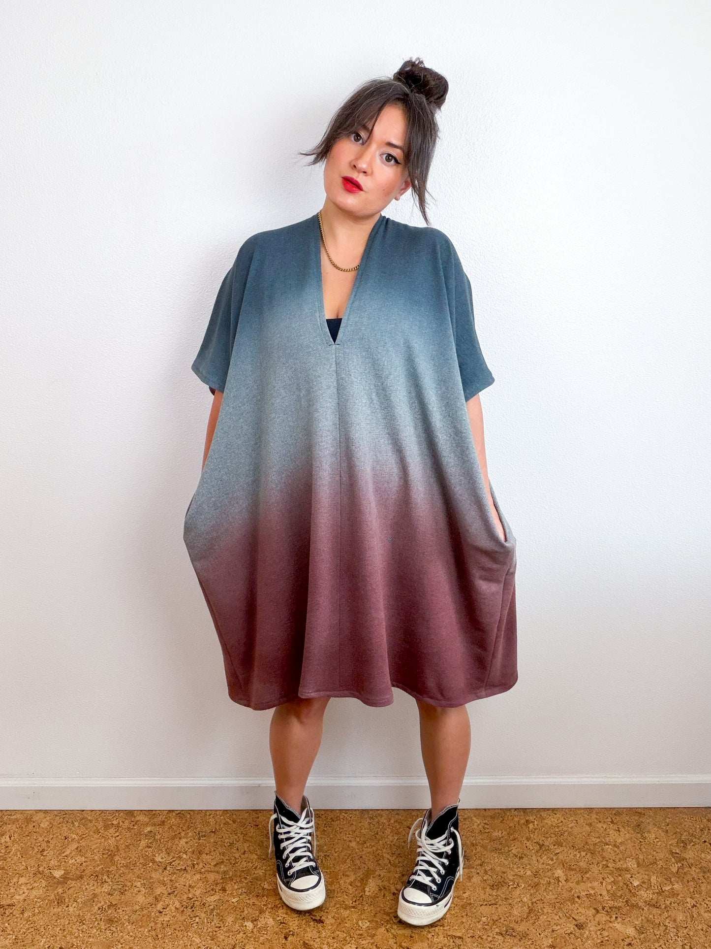 Hand-Dyed Sweatshirt Caftan Dress Charcoal Sage Terracotta Gradient