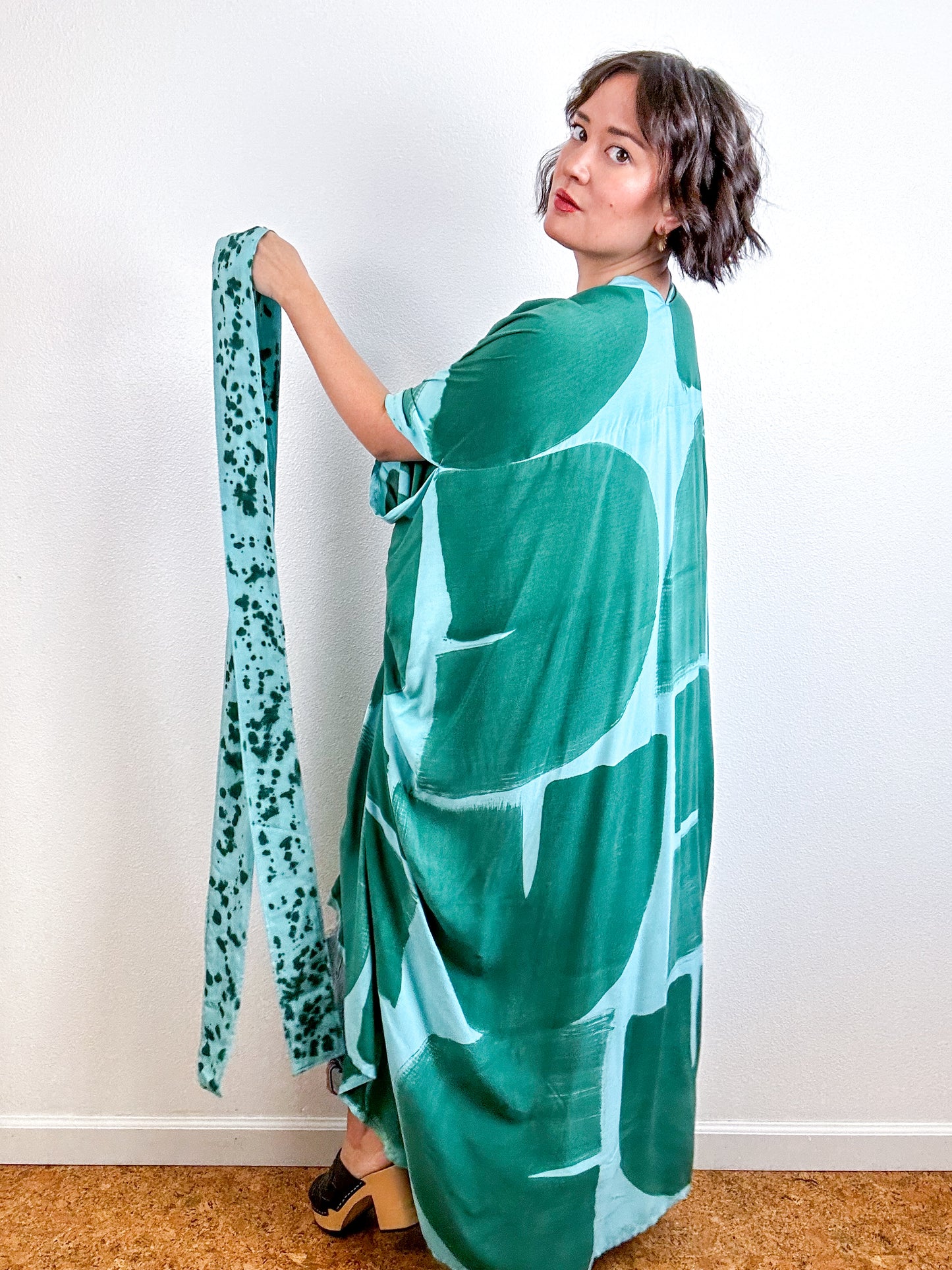 Hand-Dyed High Low Kimono Aqua Forest Brushstroke