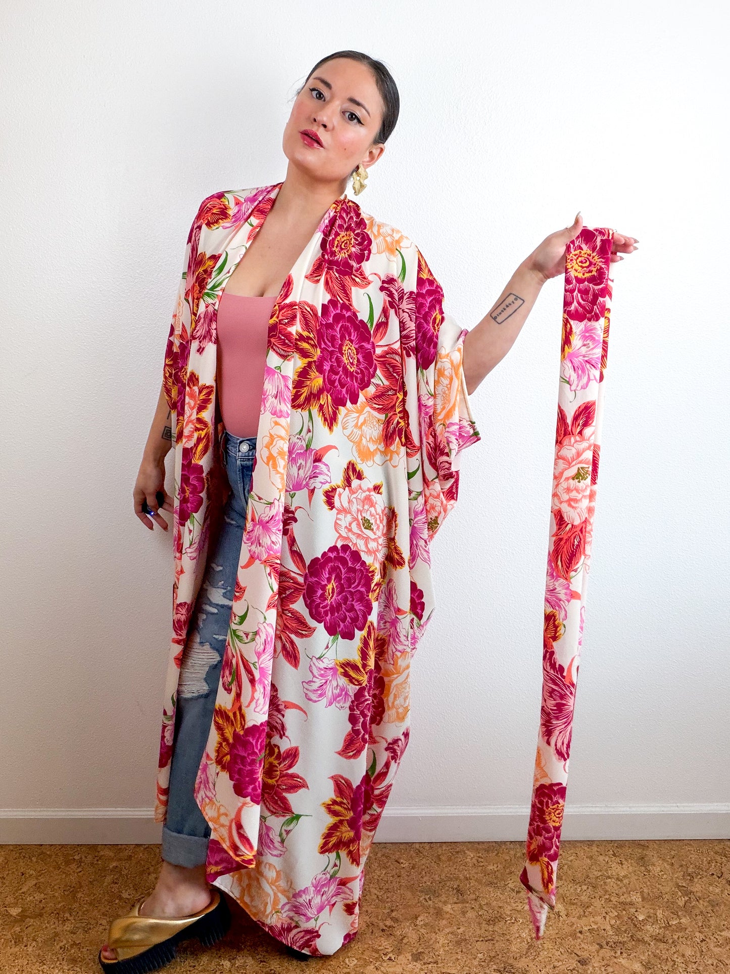 Print High Low Kimono Magenta Peony Bubble Crepe