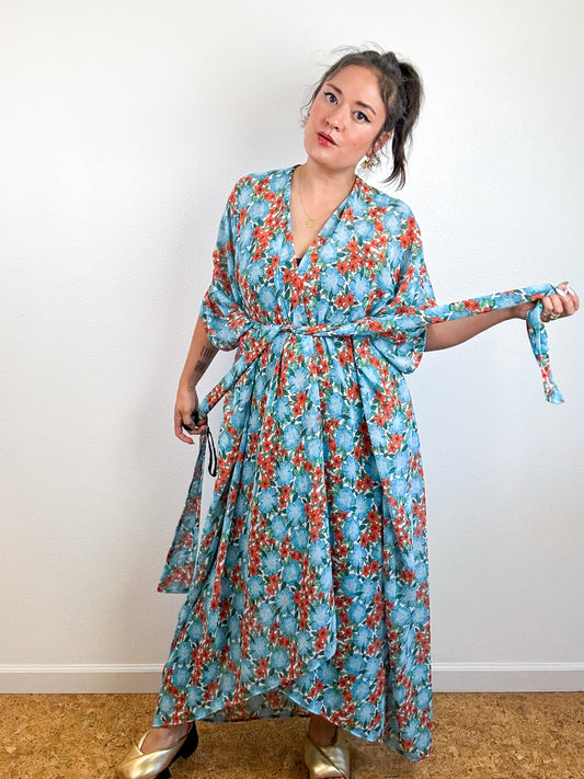 Print High Low Kimono Turquoise Floral Chiffon