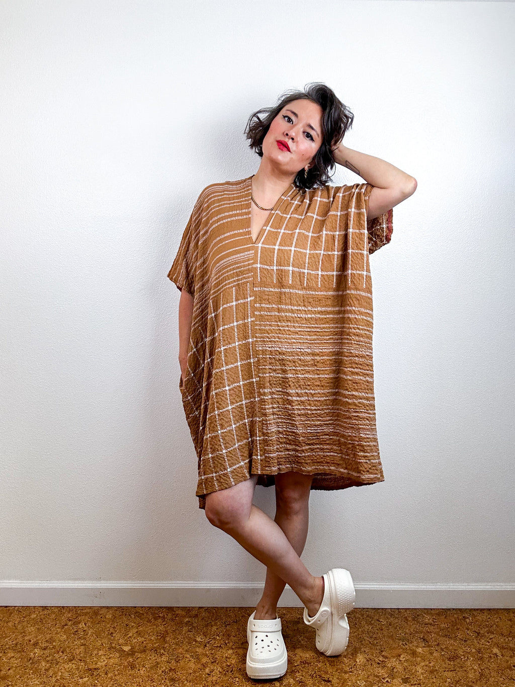 Oversized Windowpane Seersucker Smock Dress Ginger