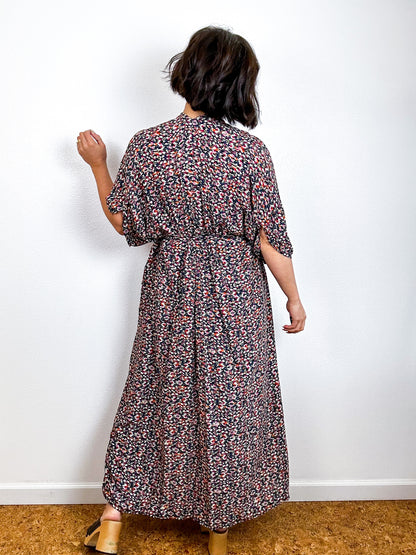 Print High Low Kimono Black Mini Ikat Challis