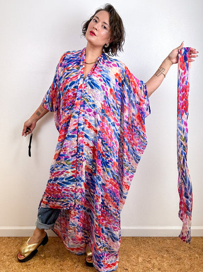 Print High Low Kimono Rainbow Silver Textured Chiffon