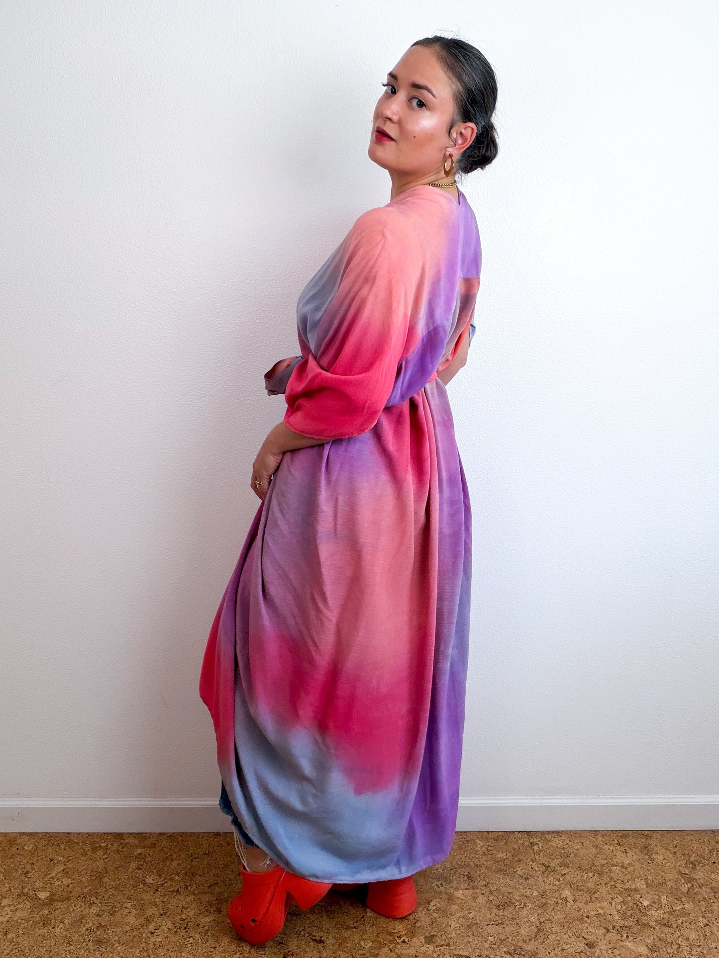 Hand-Dyed High Low Kimono Coral Orchid Scarlet Blue Aura