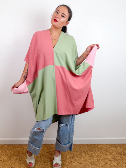 Linen Blend Caftan Dress Mauve Sage Color Block