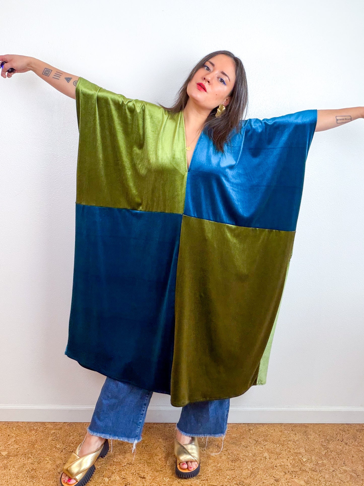 Velvet Caftan Dress Teal Olive Color Block