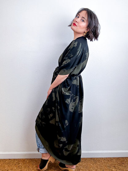 Hand-Dyed High Low Kimono Olive Black Sumi