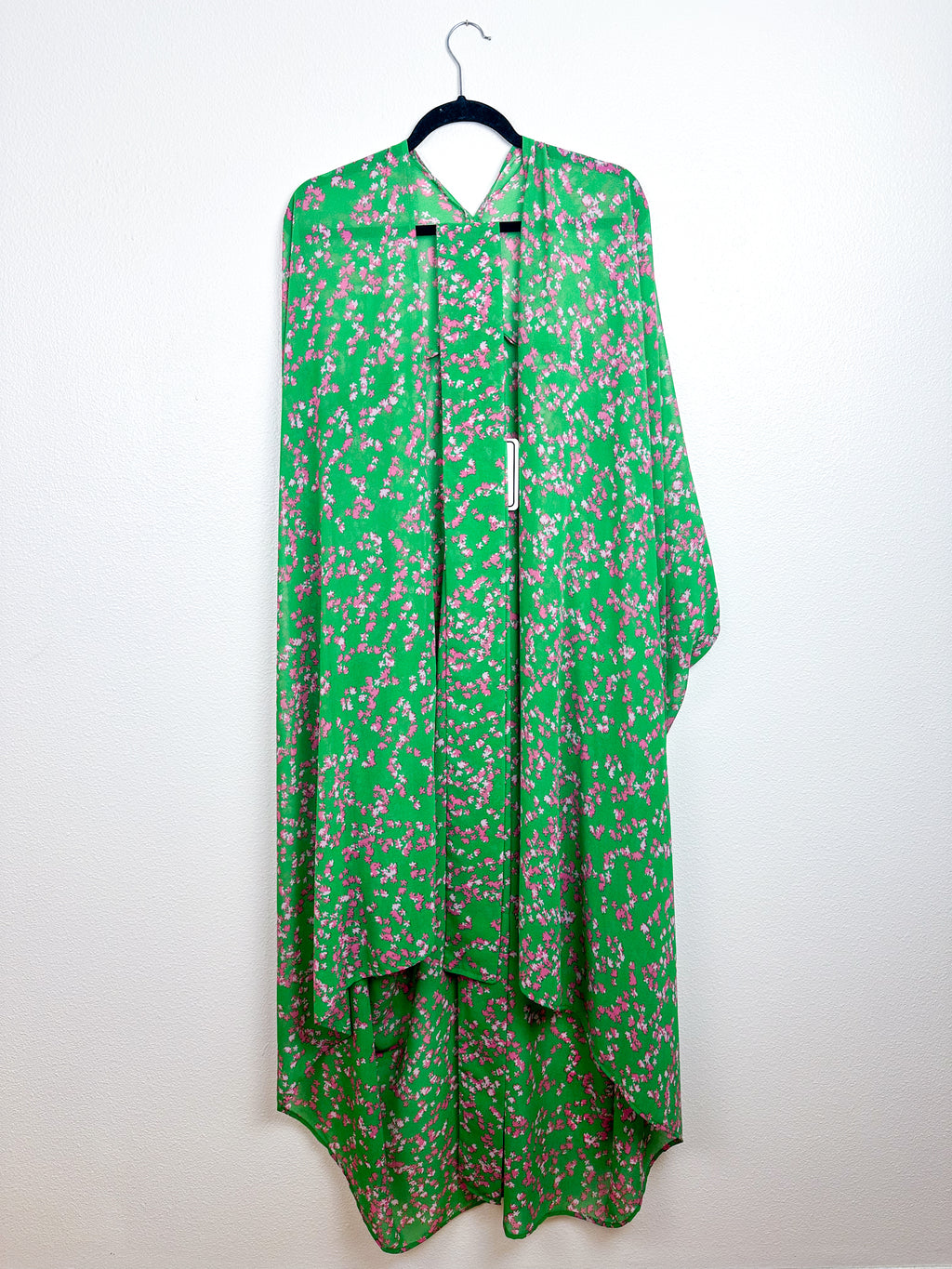 Print High Low Kimono Green Pink Mini Tulip Chiffon