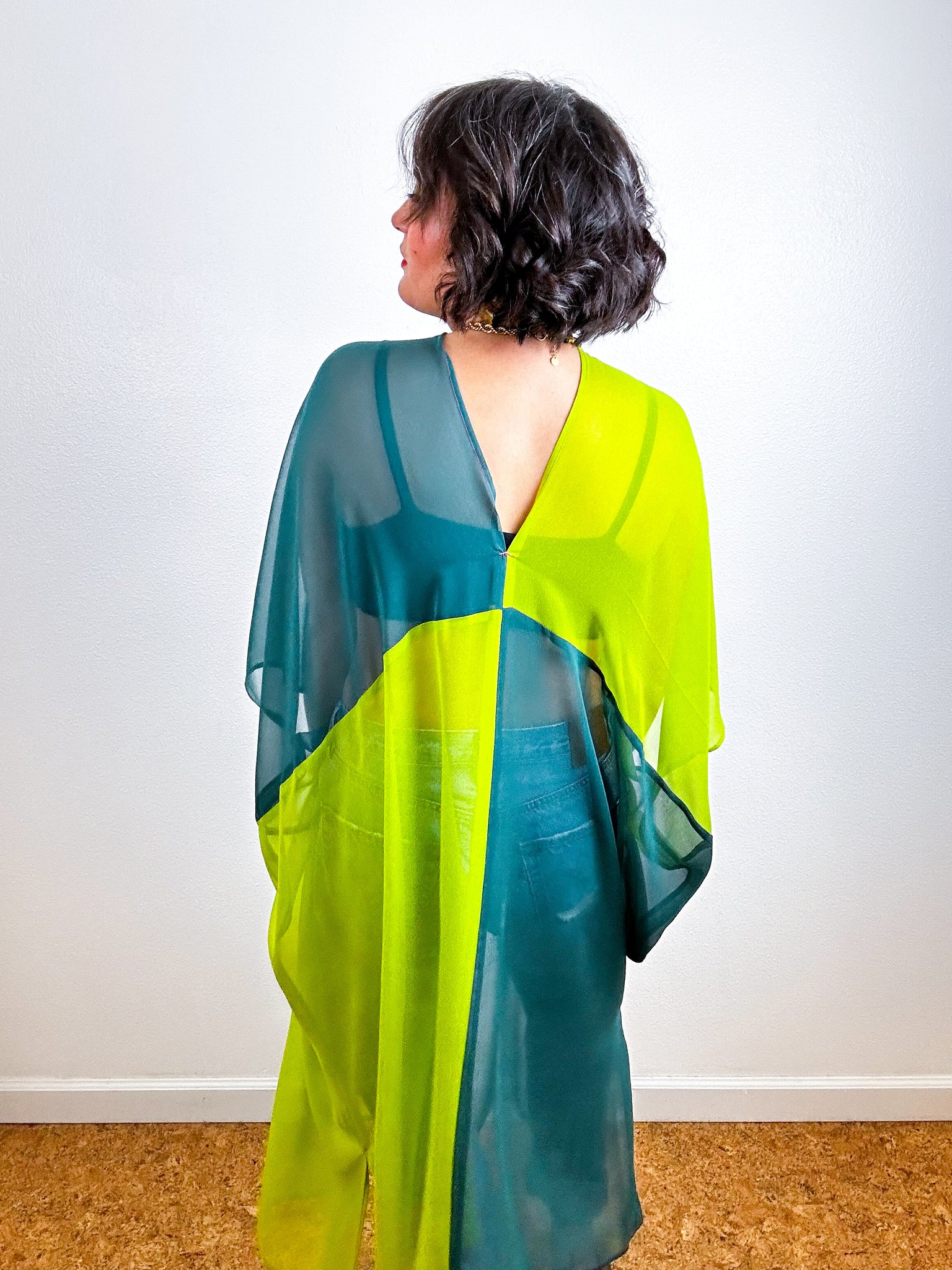 SILK Color Block Midi Caftan Dress Chartreuse Teal