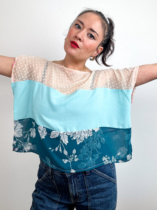 Scrappy Crop Ivory Teal Floral