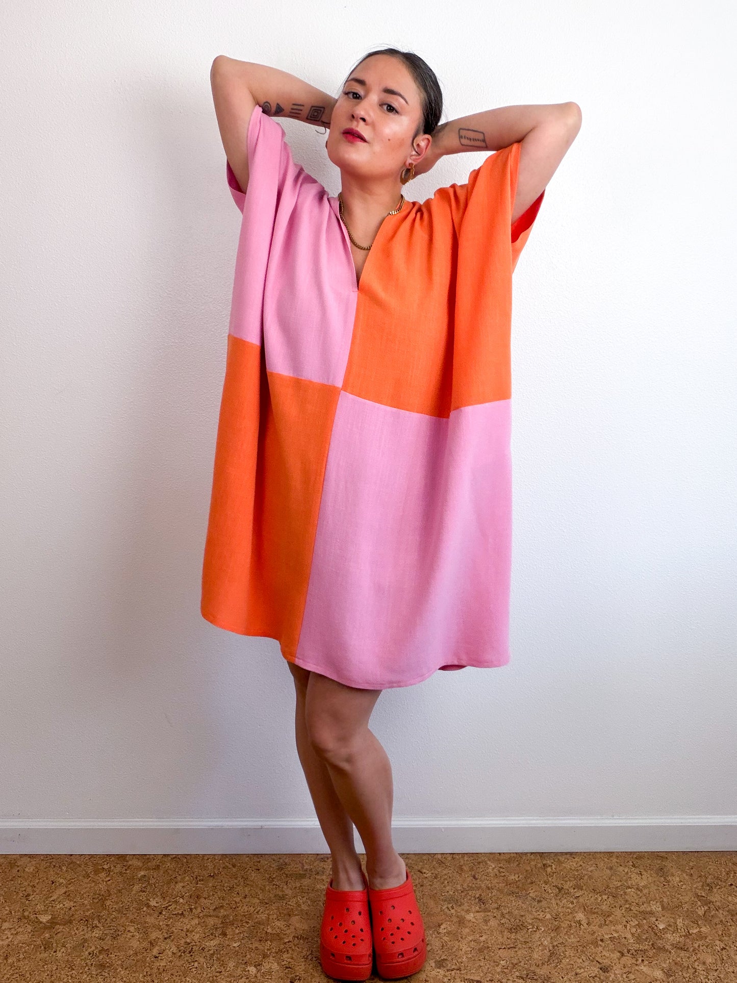 Linen Blend Caftan Dress Pink Orange Color Block
