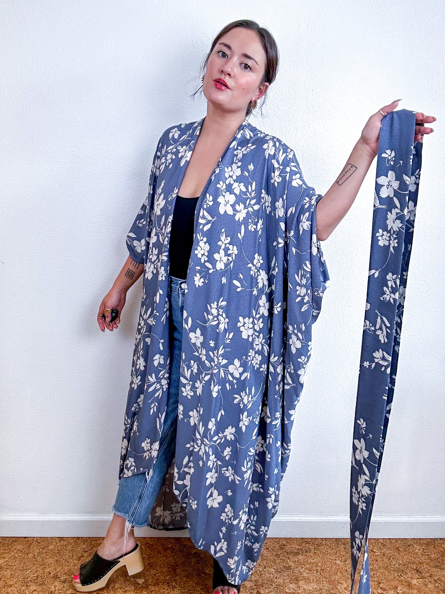 Print High Low Kimono Blue Floral Jacquard Challis
