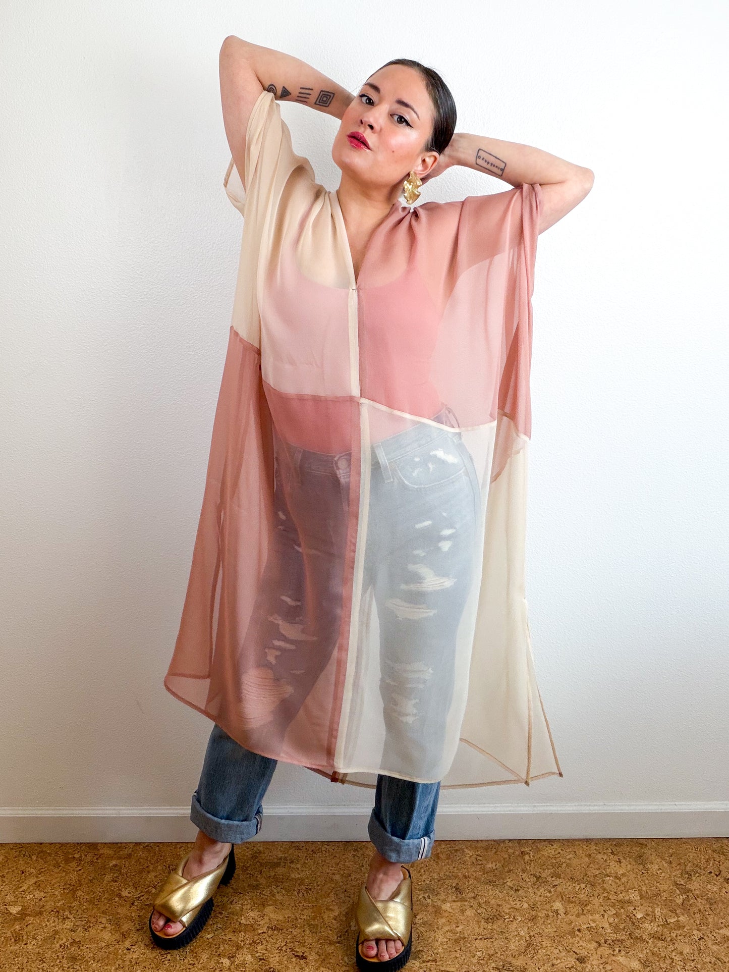 SILK Color Block Midi Caftan Dress Ivory Blush
