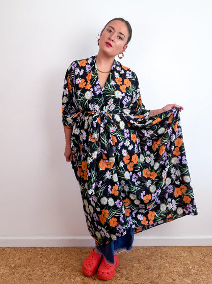 Print High Low Kimono Black Orange Wildflower Georgette