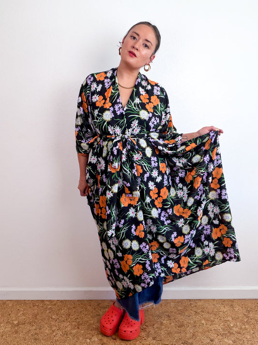 Print High Low Kimono Black Orange Wildflower Georgette