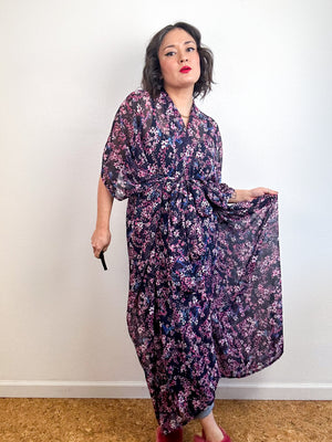 Print High Low Kimono Navy Pink Floral Chiffon