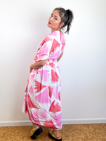 Hand-Dyed High Low Kimono Pink Scarlet Palms