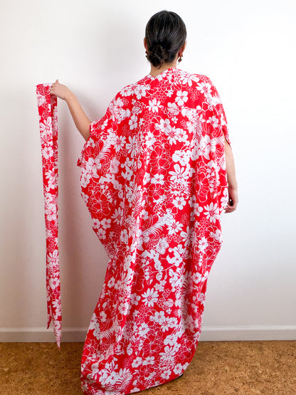 Print High Low Kimono Red White Floral Bubble Crepe