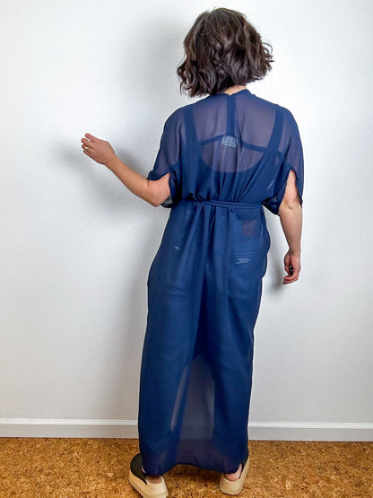 Solid High Low Kimono Navy Chiffon