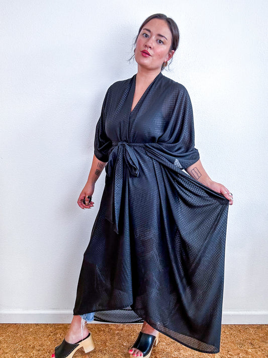 Solid High Low Kimono Black Sparkle Dot Chiffon