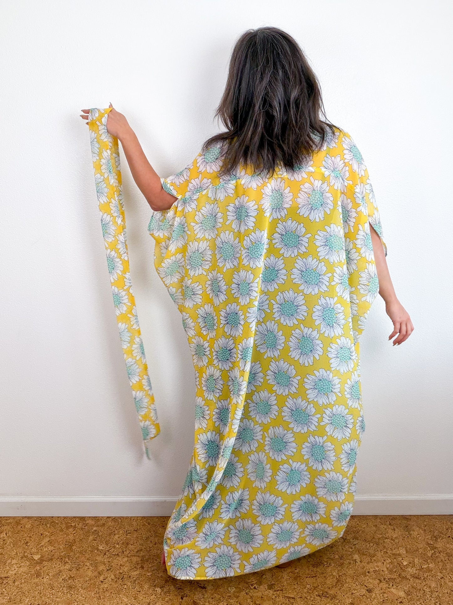 Print High Low Kimono Yellow Daisy Chiffon