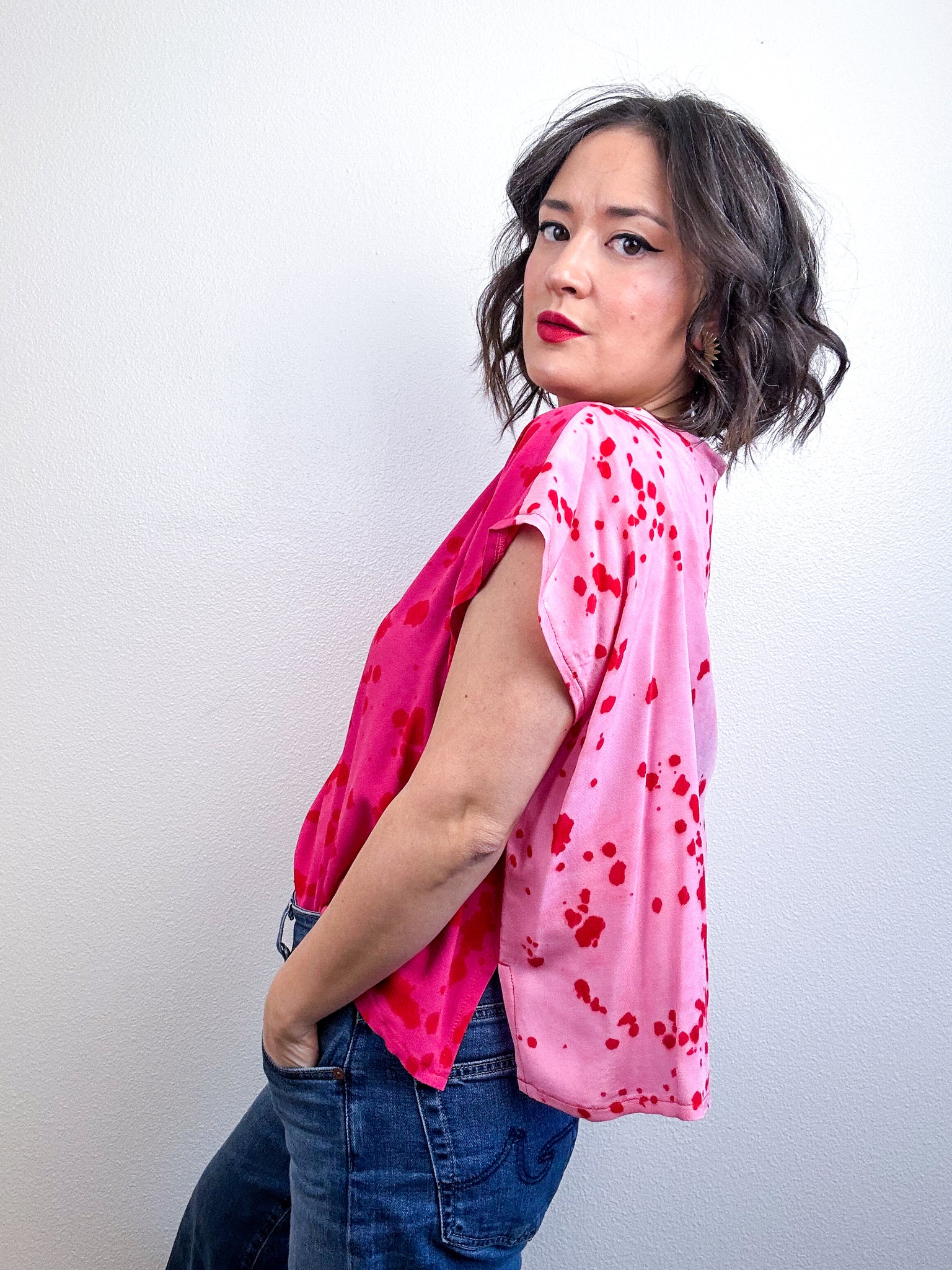 Hand-Dyed Flip Crop Rayon Fuchsia Pink Scarlet Speckle