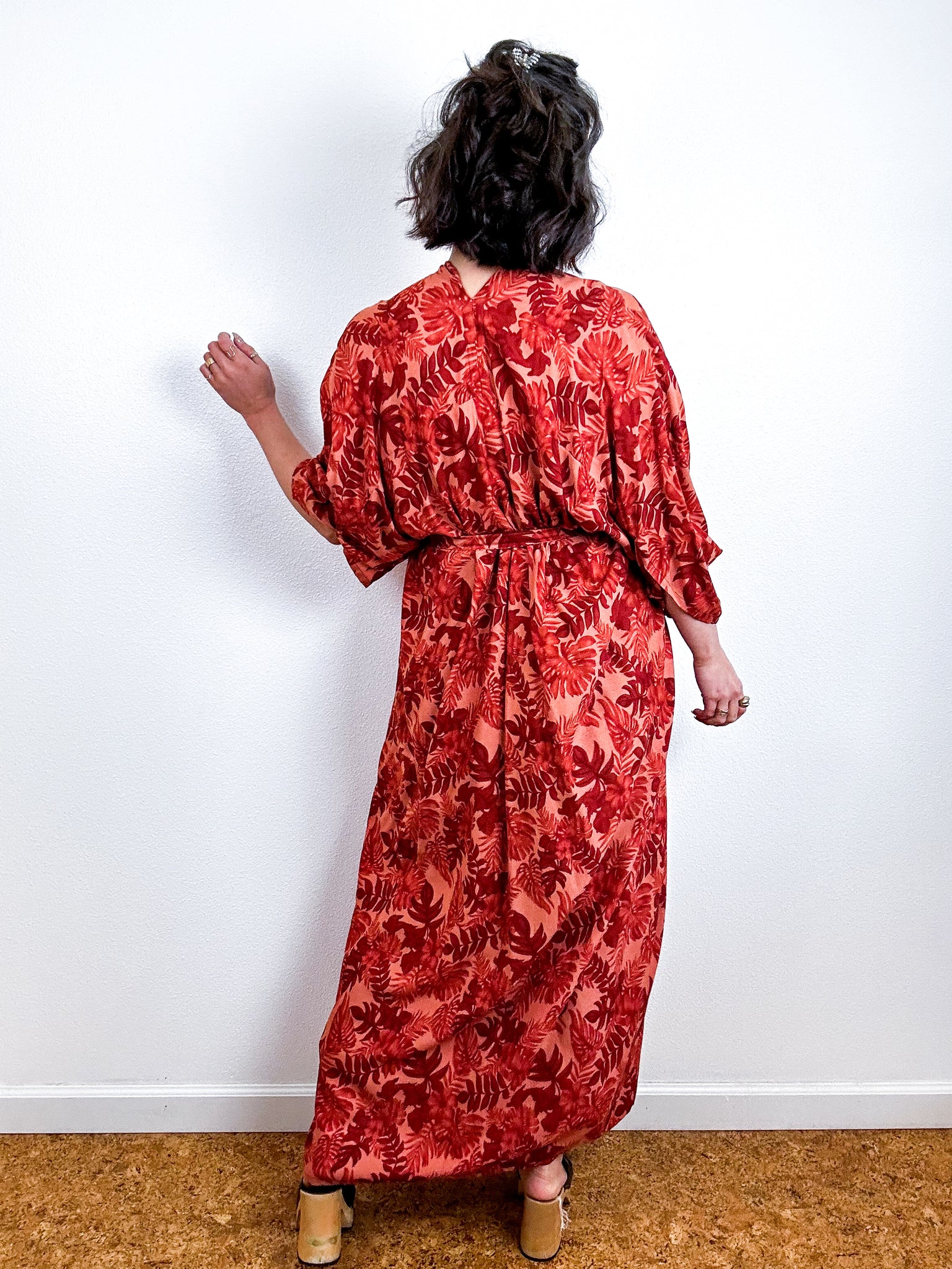 Print High Low Kimono Rust Leaves Challis