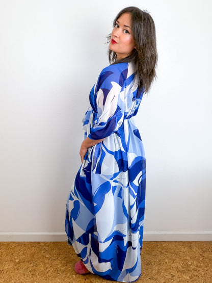 Print High Low Kimono Blue Large Leaves Chiffon