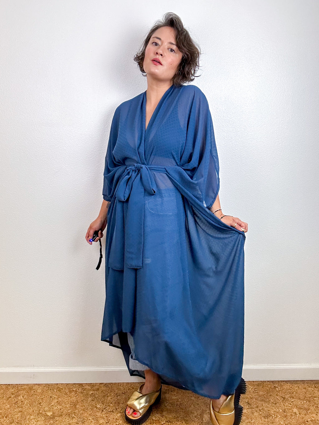 Solid High Low Kimono Slate Blue Dot Chiffon