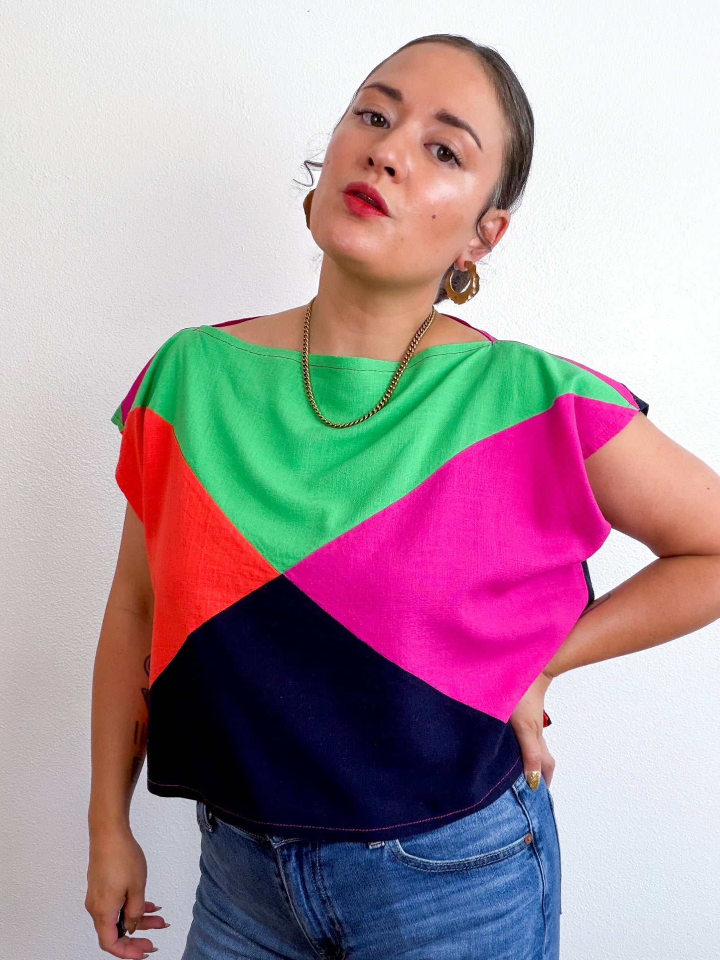 Linen Blend Flip Crop Fuchsia Navy Green Orange