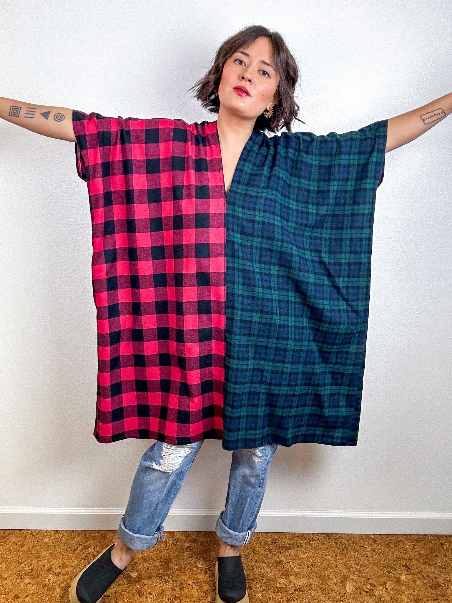 Oversized Plaid Smock Dress Red Check Navy Green