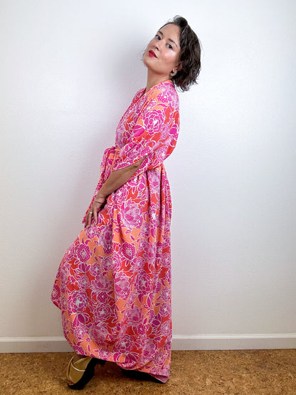 High Low Kimono Pink Orange Floral Dots Bubble Crepe