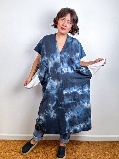 Hand-Dyed Midi Sweatshirt Smock Dress Blue Black Tie