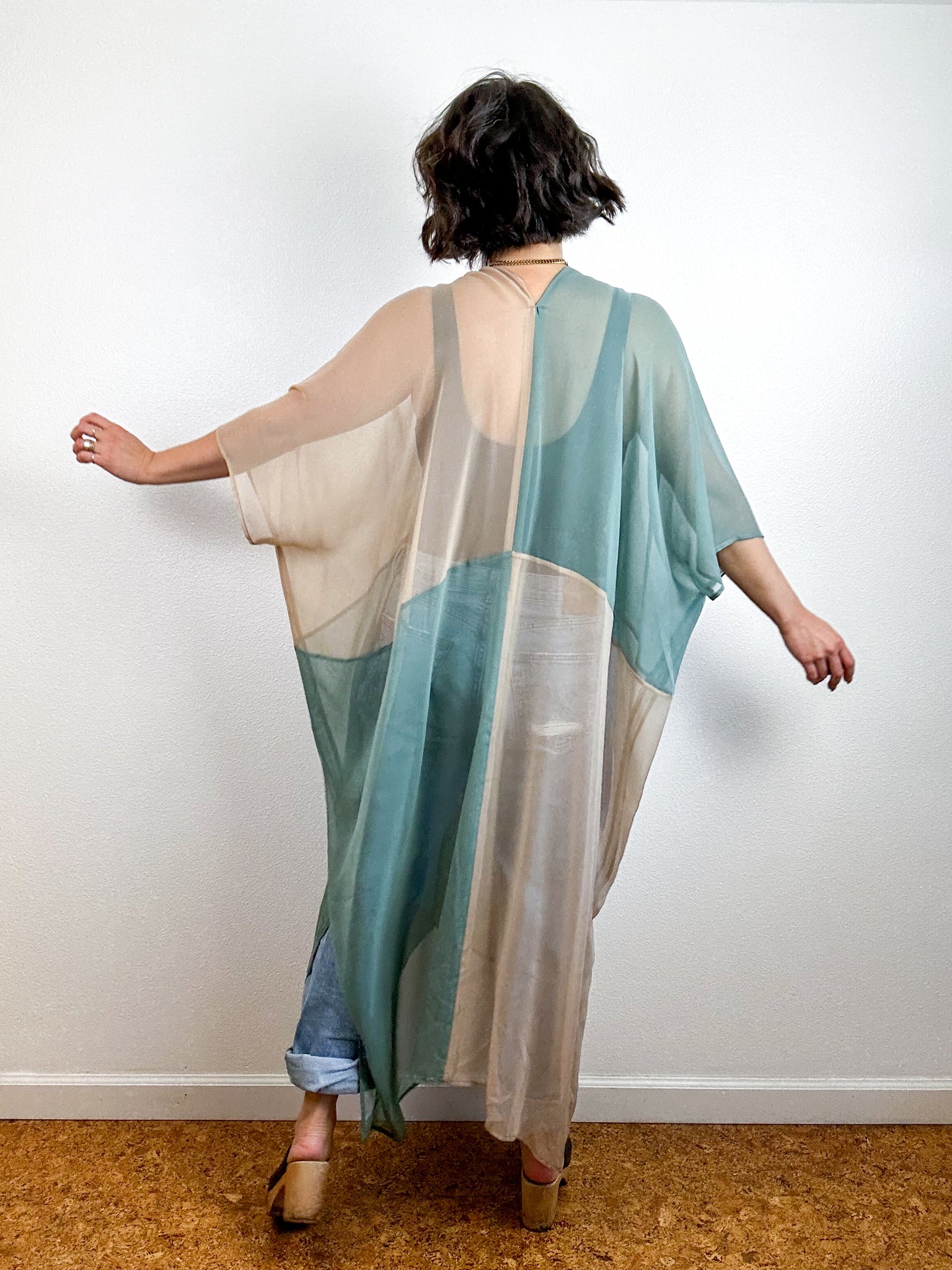 SILK Color Block Midi Caftan Dress Fawn Sage