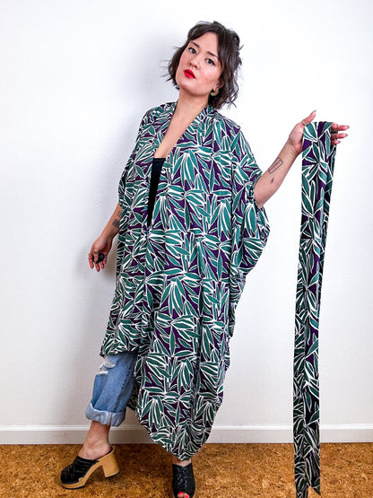 Print High Low Kimono Plum Green Bamboo Challis