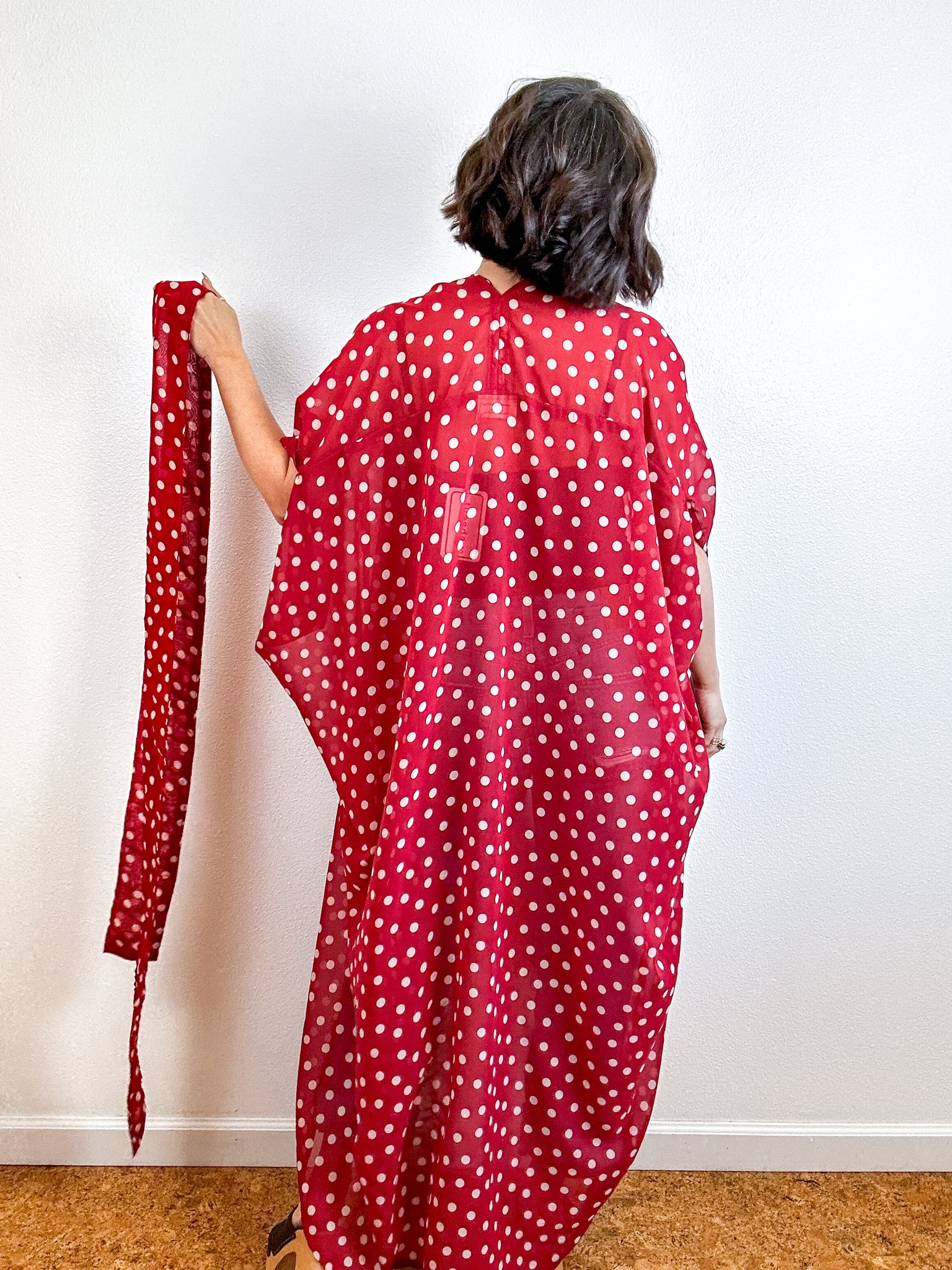 Print High Low Kimono Burgundy Blush Dots Chiffon