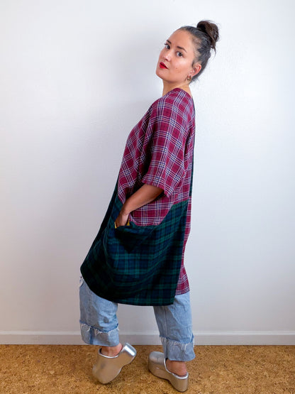 Plaid Flannel Caftan Dress Maroon Forest