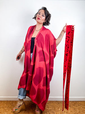 Hand-Dyed High Low Kimono Coral Maroon Brush