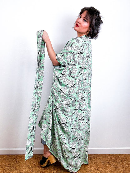 Print High Low Kimono Mint Cheetah Leaf Challis