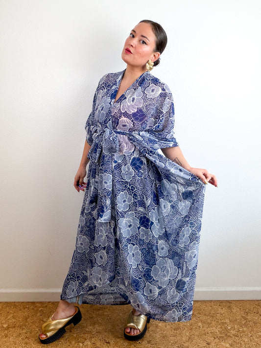 Print High Low Kimono Navy Floral Chiffon