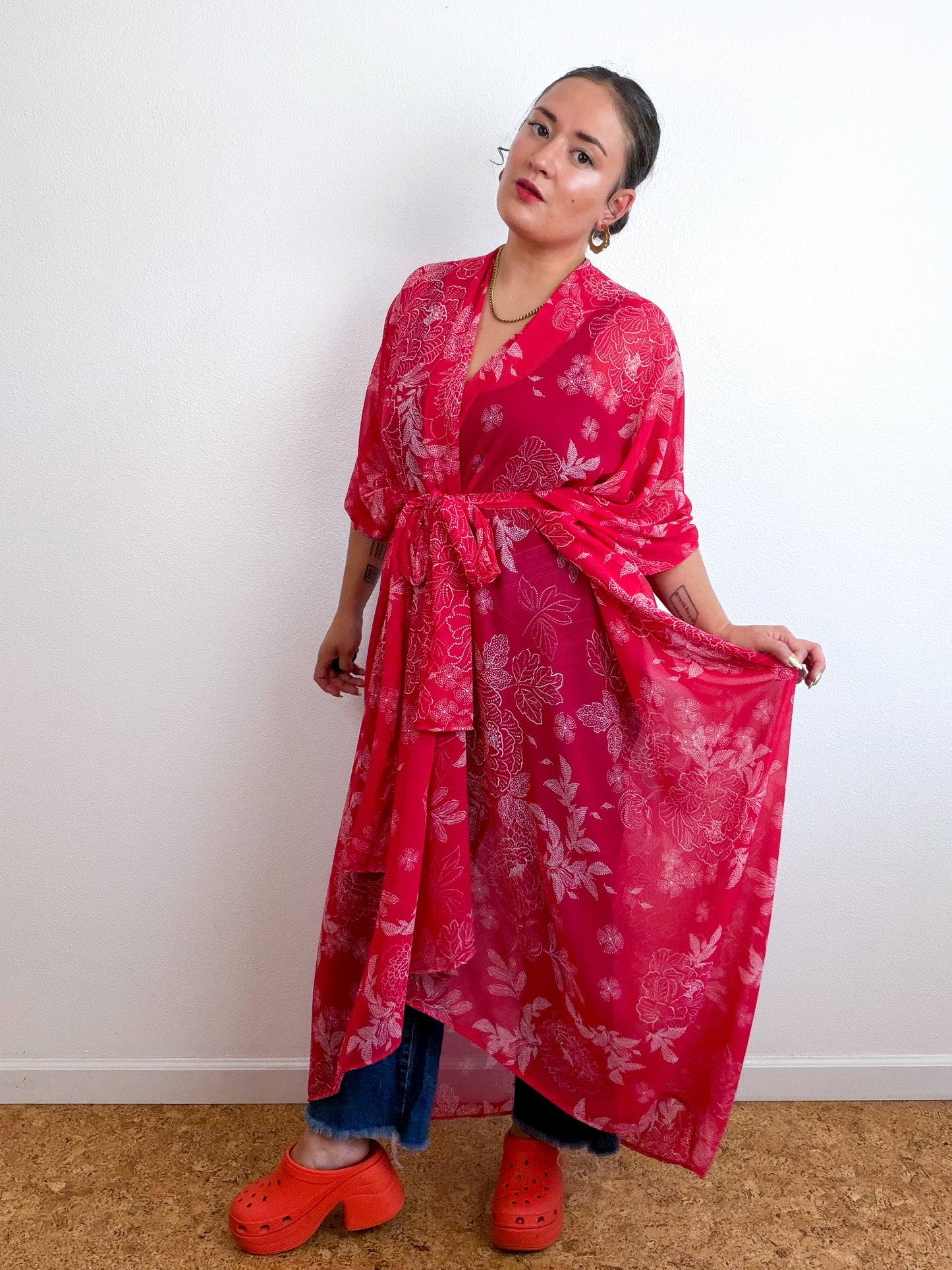 Print High Low Kimono Red Peony Chiffon