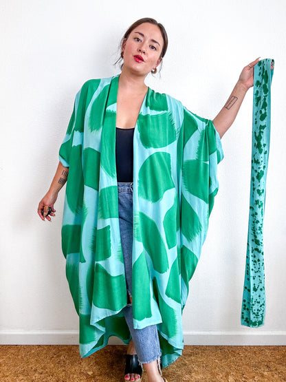 Hand-Dyed High Low Kimono Aqua Green Brush