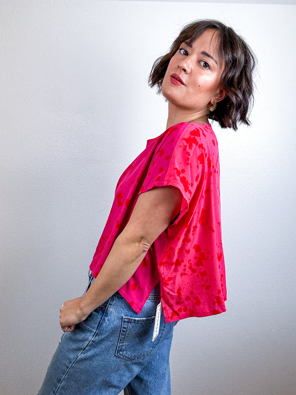 Hand-Dyed Flip Crop Rayon Fuchsia Coral Red Speckle
