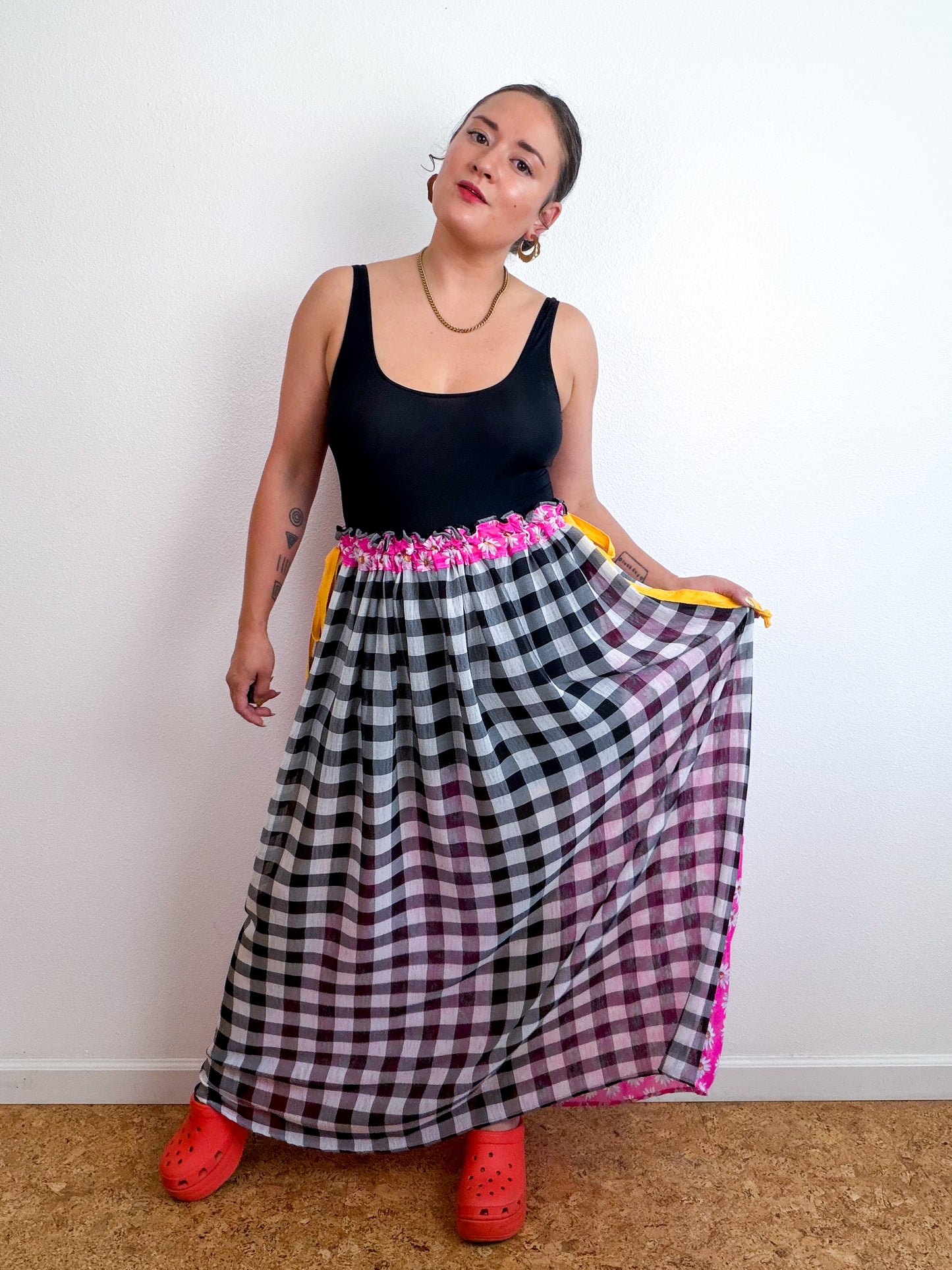 THE SKIRT Pink Daisy Gingham Reversible Chiffon