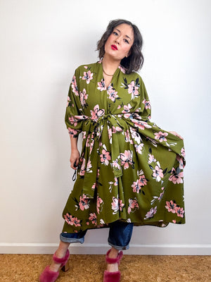 Print High Low Kimono Olive Pink Floral Challis