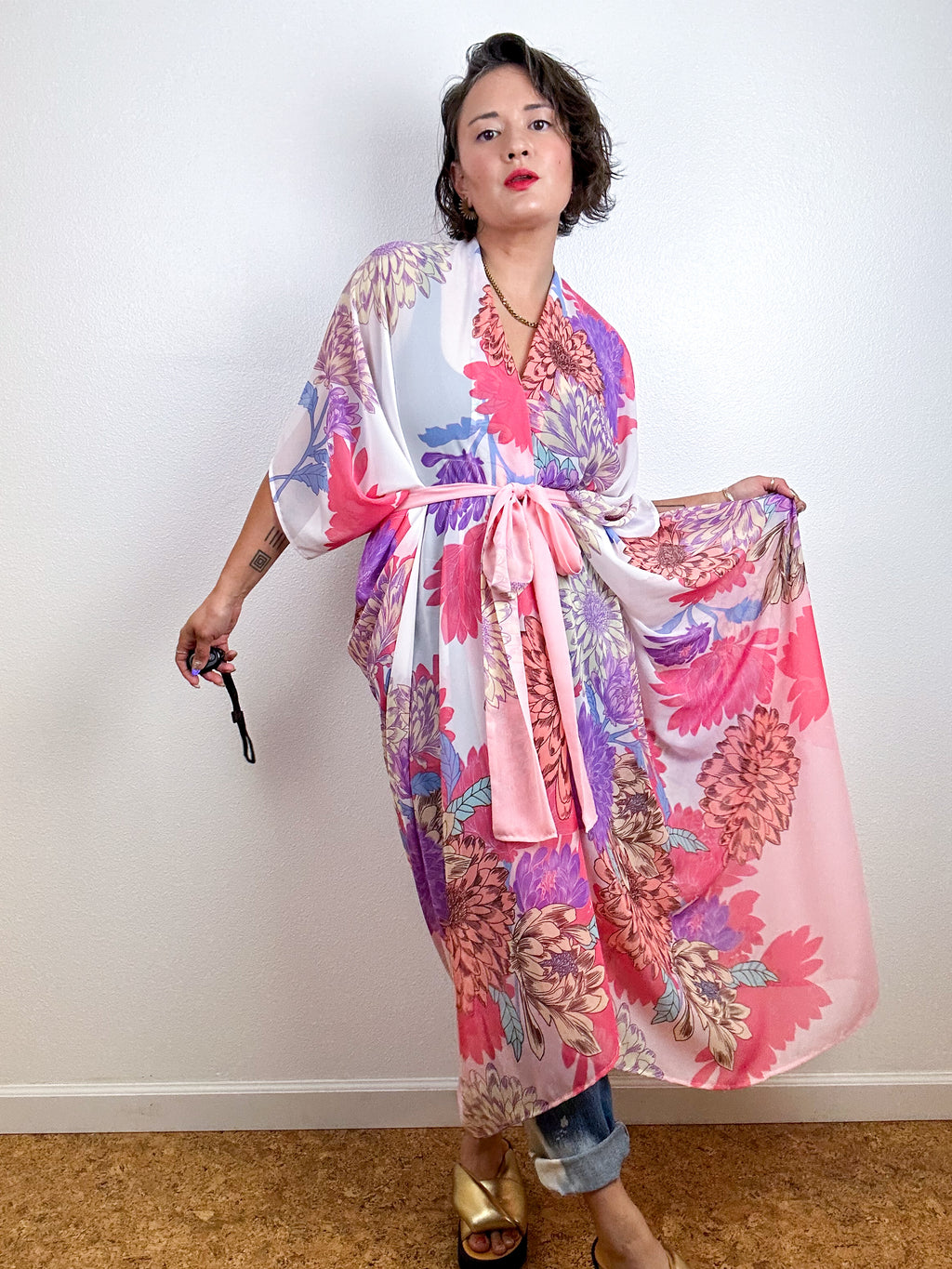 Print High Low Kimono Pink Chrysanthemum Chiffon