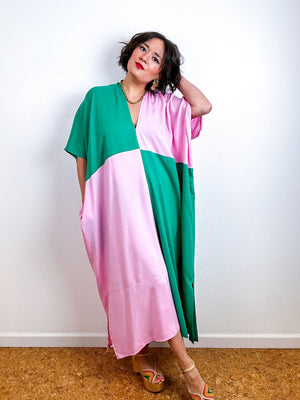 Color Block Midi Caftan Dress Emerald Pink