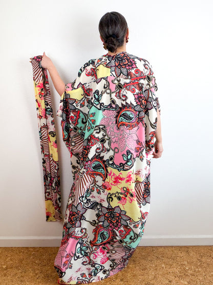 Print High Low Kimono Pink Aqua Paisley Bubble Crepe