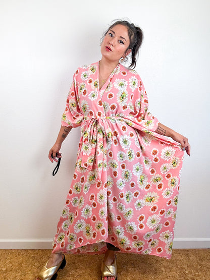 Print High Low Kimono Peach Daisy Georgette